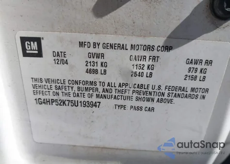 2005 Buick Lesabre Custom z USA, uszkodzony, nr VIN 1G4HP52K75U193947